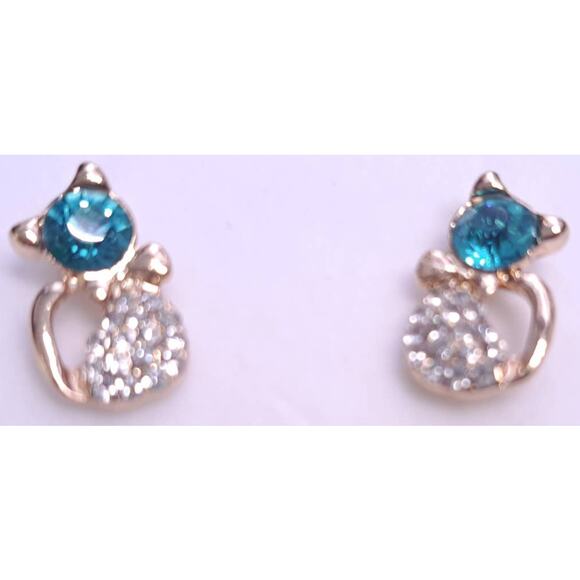 Aqua Clear Crystal Sparkling Kitty Cat Feline Lover Earrings Gold PLated Jewelry - Picture 1 of 2